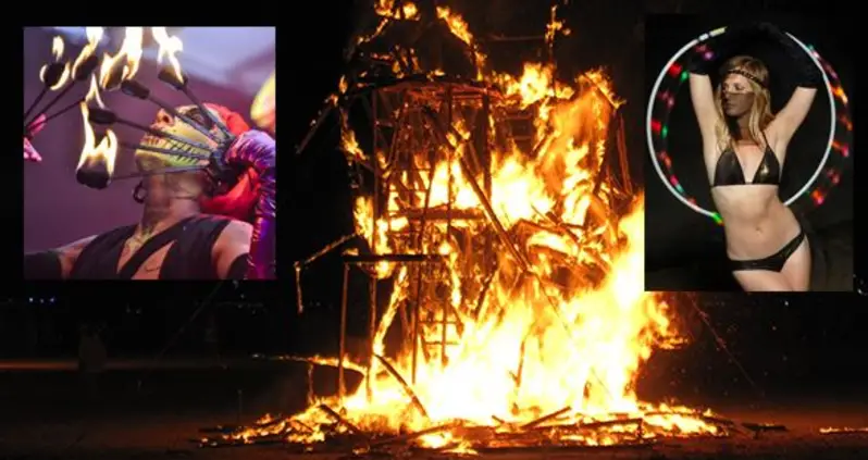 Burning Man Hula Hooper, Fire Spinner Collide Forming Massive Fireball Destroying Fisting Workshop
