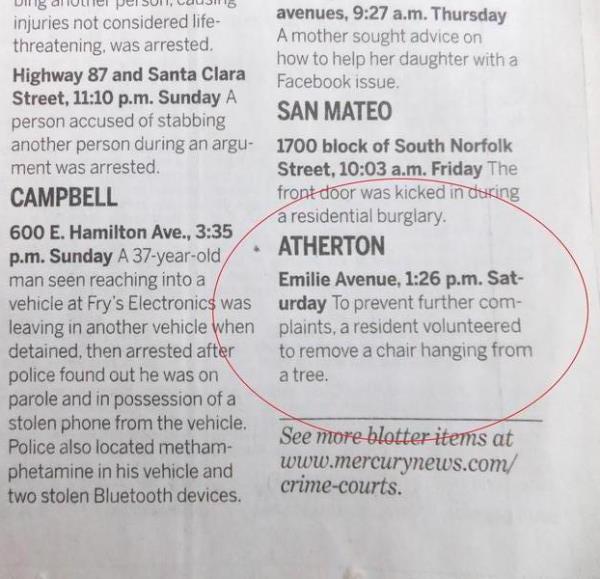 Atherton California Police Blotter