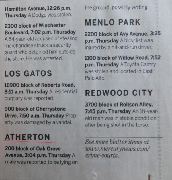 Atherton Police Blotter